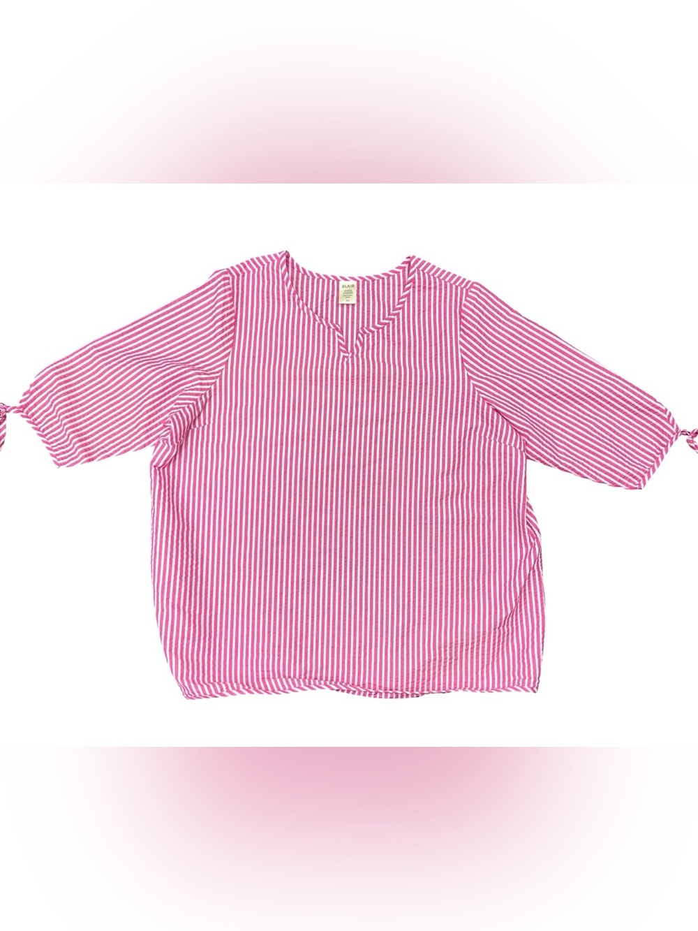 Blair 2XL Coastal Preppy Pink White Striped Tunic Top Tie 1/2 Sleeve Poplin Plus